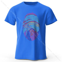 T-shirt homme empreinte digitale en coton bleu vif avec un graphisme empreinte digitale multicolore rouge teal violet