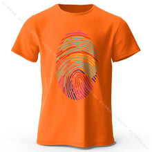T-shirt homme empreinte digitale orange vibrant en coton avec graphisme empreinte digitale arc-en-ciel coloré
