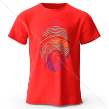 T-shirt homme empreinte digitale rouge vif avec motif empreinte digitale colorée en orange, rose et violet