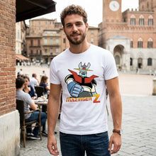 T-shirt homme mazinger z robot en coton blanc avec un graphisme coloré rouge bleu jaune idéal déguisement carnaval magasins de jouets