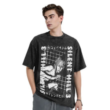 T-shirt silent hill noir en coton à effet délavé avec graphisme blanc japonais et design en grille