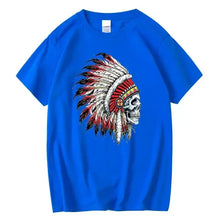 T-shirt coton crâne indien bleu col rond manches courtes avec motif crâne détaillé et plumes rouges blanches noires