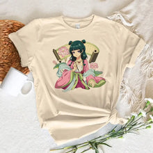 T-shirt femme manga jeune apothicaire beige en modal avec illustration colorée de jeune fille en robes traditionnelles