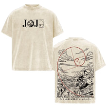 T-shirt jojo’s bizarre adventure en coton crème avec logo steel ball run noir devant et illustration détaillée dos