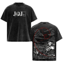 T-shirt en coton noir distressed avec graphismes blancs et rouges de jojo’s bizarre adventure steel ball run