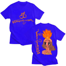 T-shirt karol g tropicoqueta à col rond royal bleu avec logo orange et illustration de fille à coiffe à plumes orange