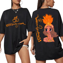 T-shirt karol g tropicoqueta à col rond noir oversize avec graphismes orange vif devant et dos