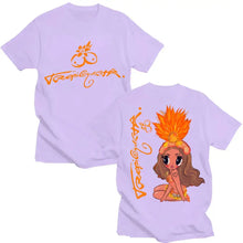 T-shirt karol g tropicoqueta à col rond lilas avec illustration orange d’une fille au headdress plumeux tropicoqueta à col
