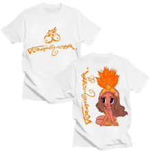 T-shirt karol g tropicoqueta à col rond blanc avec motifs orange avant et arrière incluant logo stylisé et hula girl cartoon