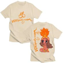 T-shirt karol g tropicoqueta à col rond crème avec illustration orange vif et logo tropigusta assorti