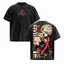 T-shirt noir distressed avec un graphisme de katsuki bakugo au dos et logo king of explosion à lavant