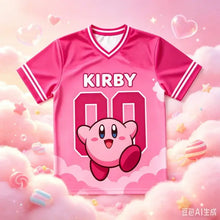 T-shirt kirby king dedede et meta knight rose vif avec graphisme cartoon et finitions blanches au col et manches