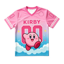 T-shirt kirby king dedede et meta knight bleu et rose avec col v et motif kirby central numéro 00 rose et flammes