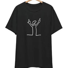 T-shirt la linea unisexe col rond manches courtes noir avec dessin cartoon vintage en ligne blanche peace signs
