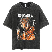 T-shirt unisexe noir délavé en coton avec col rond et motif animé orange et blanc de l’attaque des titans