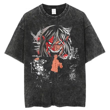 T-shirt unisexe col rond noir délavé en coton avec motif anime visage rouge cheveux blancs l’attaque des titans