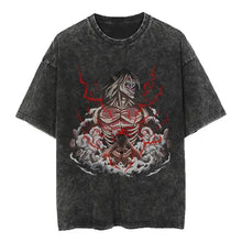 T-shirt unisexe noir délavé en coton avec col rond et motif attack on titan éclairs rouges et fumée blanche