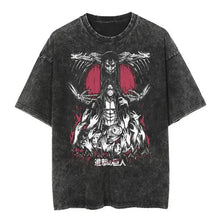 T-shirt unisexe col rond noir délavé en coton avec motif animé ailes et visages rouges l attaque des titans