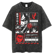 T-shirt unisexe col rond noir délavé en coton avec motif graphique animé attaque des titans et texte japonais vertical
