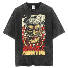 T-shirt unisexe noir délavé en coton avec col rond et motif graphique armure titan attaque on titan rouge et jaune
