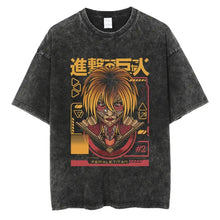 T-shirt unisexe noir délavé en coton avec col rond et motif vibrant du titan féminin attack on titan