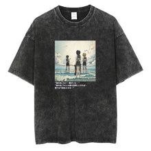 T-shirt unisexe noir délavé en coton avec col rond et graphique vintage style anime l attaque des titans