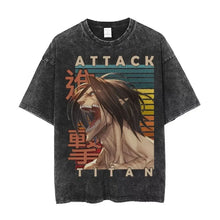 T-shirt unisexe noir délavé en coton avec col rond et motif vintage attack on titan aux teintes beige et rouge