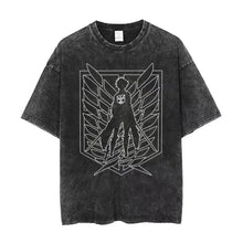 T-shirt unisexe noir délavé en coton avec col rond et motif scout regiment l attaque des titans blanc en contour