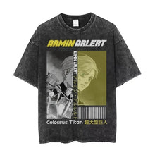 T-shirt unisexe noir délavé en coton avec col rond et motif graphique armin arlert attack on titan jaune et code-barres