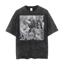 T-shirt unisexe noir délavé en coton avec col rond et impression graphique anime l attaque des titans quatre personnages