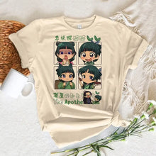 Beige t-shirt manches courtes avec illustration chibi de quatre personnages verts en tenue traditionnelle the apothecary diaries