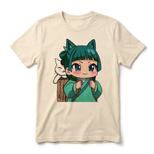 Beige t-shirt en coton imprimé les carnets de lapothicaire avec illustration chibi de personnage aux oreilles de chat et chaton blanc