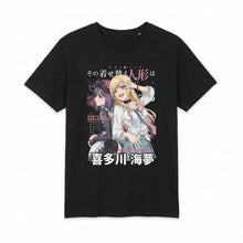 T-shirt noir manches courtes avec design percutant marin kitagawa featuring anime characters et texte rose blanc