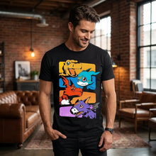 T-shirt digimon noir avec quatre personnages digimon v-mon et agumon colorés en panneaux verticaux à motifs pointillés