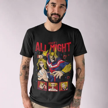 T-shirt my hero academia noir à manches courtes avec un graphisme vibrant d all might et des accents rouges et bleus