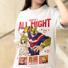 T-shirt my hero academia blanc avec graphique audacieux d all might en rouge et bleu et trois portraits de personnages en dessous