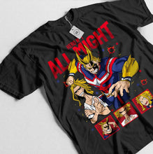T-shirt cotton noir hero academia all might avec graphisme vibrant et accents rouges et bleus audacieux