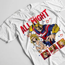 T-shirt my hero academia en coton blanc avec un graphique vibrant de all might et son jeune soi et texte rouge hero no