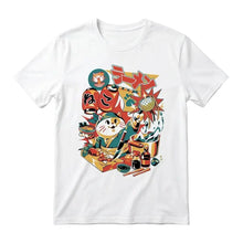 T-shirt chat porte-bonheur blanc avec graphisme coloré de neko ramen préparant des ingrédients japonais