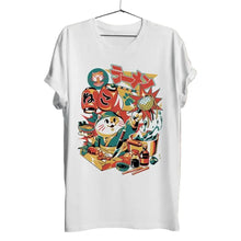 T-shirt chat porte-bonheur blanc à manches courtes avec graphique coloré de neko ramen cuisinier préparant un plat japonais
