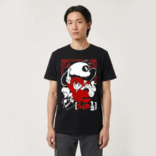 T-shirt anime ranma noir à manches courtes avec un graphique rouge et blanc de personnages encadré style japonais traditionnel