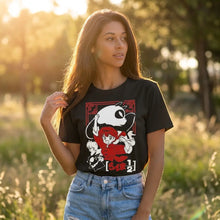 T-shirt anime ranma en coton noir avec graphique vibrant des personnages en rouge blanc et texte japonais en gras