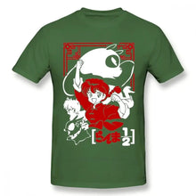 T-shirt anime ranma vert foncé en coton avec graphique rouge et blanc stylisé des personnages de ranma ½