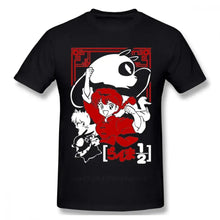 T-shirt anime ranma noir en coton avec un graphisme rouge et blanc des personnages de ranma 1/2 dans un cadre décoratif rouge