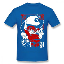 T-shirt anime ranma en coton bleu avec un graphique vibrant des personnages de ranma 1/2 en rouge et blanc sur bordure rouge