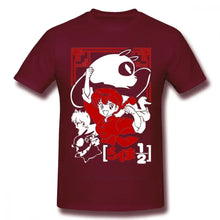 T-shirt coton maroon avec un graphisme rouge et blanc audacieux des personnages de l’anime ranma 1/2 excelente idée t-shirt anime ranma