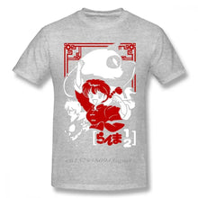 T-shirt anime ranma gris en coton avec graphisme rouge et blanc de ranma 1/2 et éléments japonais traditionnels