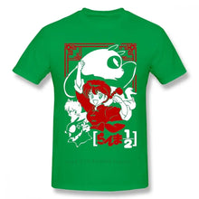 T-shirt anime ranma vert en coton avec un graphisme blanc et rouge des personnages de ranma 1/2 dans un cadre orné