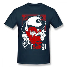 T-shirt anime ranma en coton bleu foncé avec un graphisme rouge et blanc vibrant des personnages en poses dynamiques