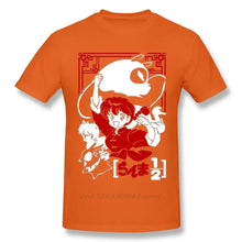 T-shirt anime ranma orange à manches courtes avec motif blanc et rouge de personnages ranma 1/2 encadré style japonais
